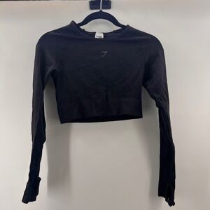 Gymshark Seamless Long Sleeve Cropped Workout Top Thumbholes Black Size M